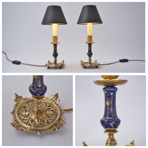 Antique pair Aesthetic Movement candlestick table lamps, spider web, porcelain & bronze by Townshend & Co, signed, 1890`s ca, English.